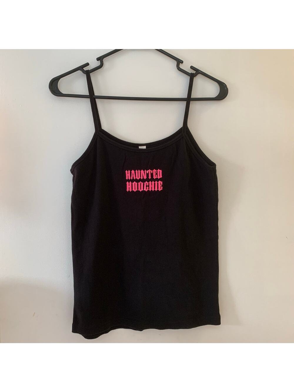 Haunted Hoochie Tank Top Black & Pink Sparkle Halloween Spaghetti Strap Cami XL